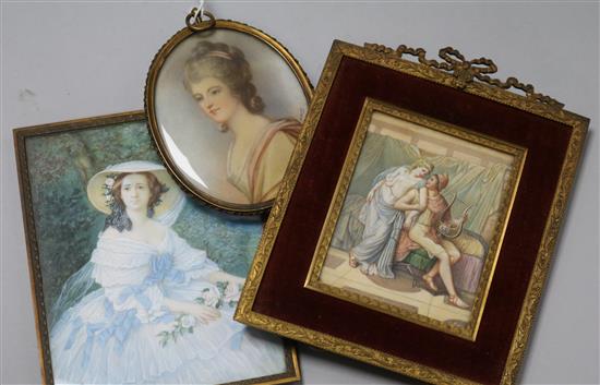 Three French portrait miniatures on ivory, c. 1900